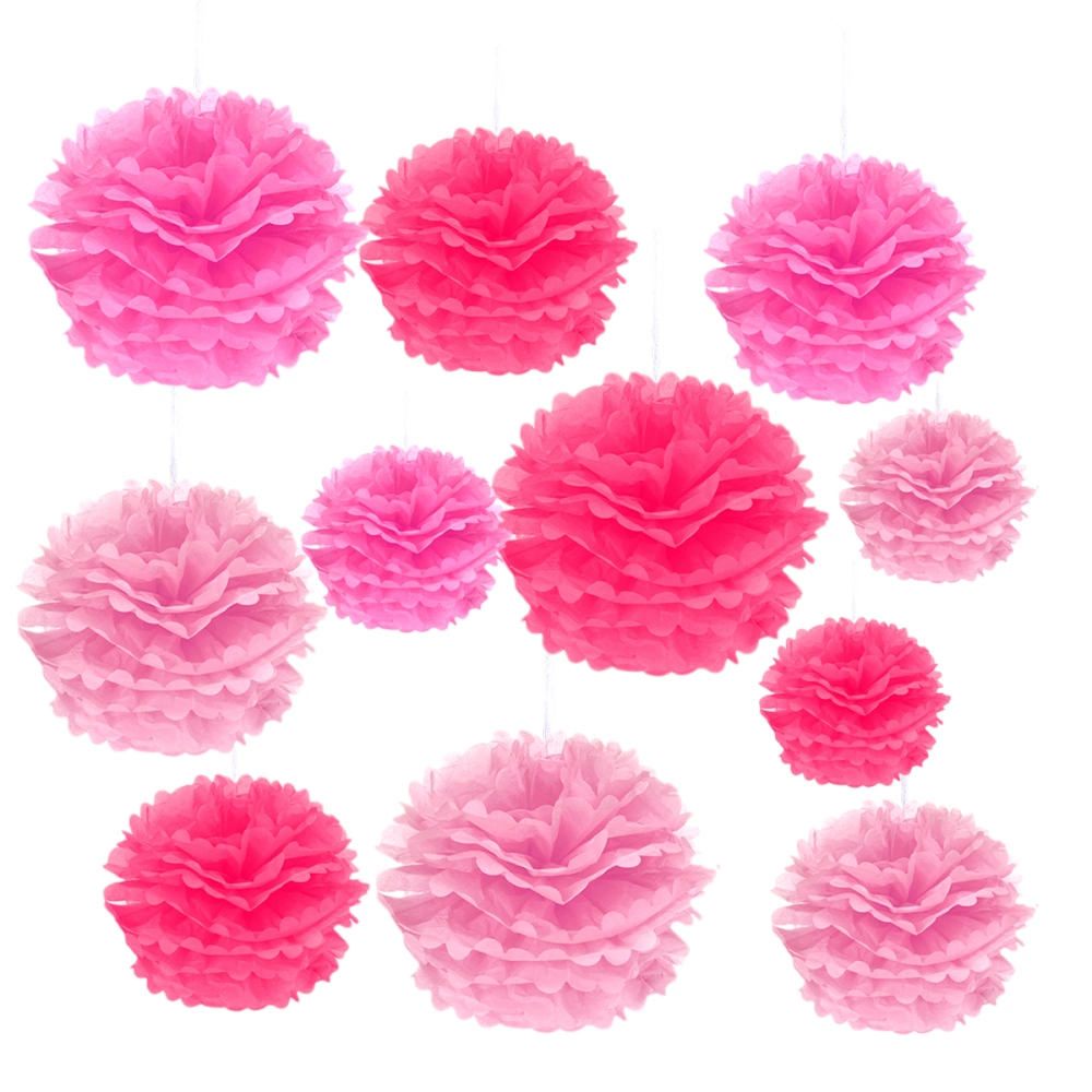 12PCS Tissue Hanging Paper Pom-poms Flower Ball Wedding Party Outdoor Decoration Premium Tissue Paper Pom Pom Flowers Craft Kit (Pink+Rosy+Light Pink)