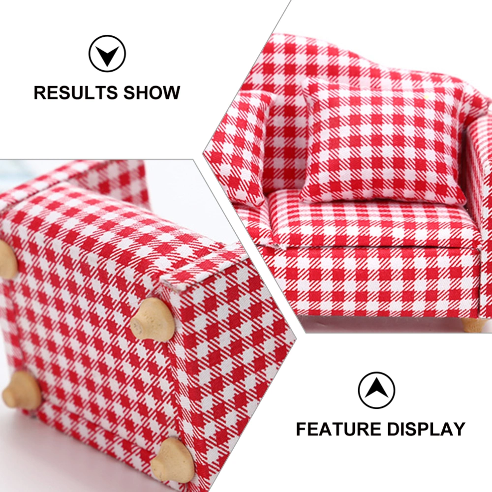 3 Sets Mini Furniture Model Adornment Mini Plaid Sofa with Pillows Decor