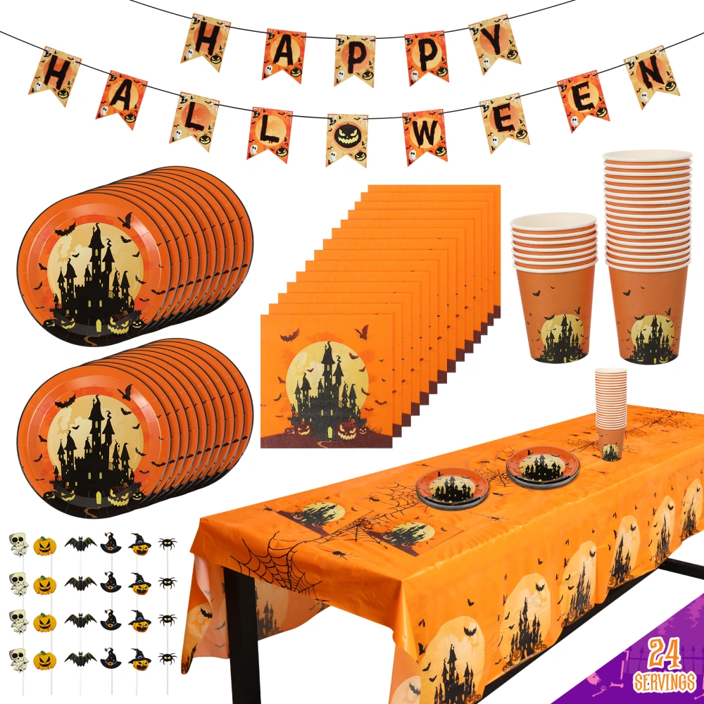 Yardwe 1 Set Halloween Tableware Paper Plate Cup Napkin Cake Topper Banner Tablecloth Party Decoration Supplies