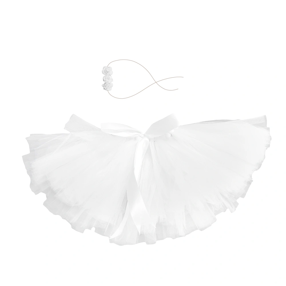 White Baby Photography Costume Mesh Skirt Infant Tutu Skirt Newborn Apparel Bow-Knot Tulle Dress Outfits Baby Clothes with Floral Headband Baby Photo Prop