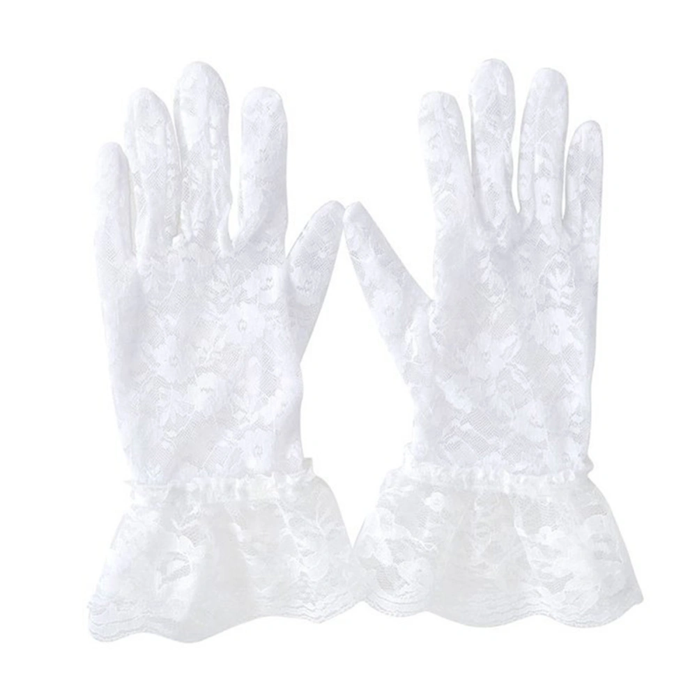 1 Pair of Spring Summer Women Short Lace Gloves Anti-UV Sun Protection Full Finger Gloves Outdoor Driving Gloves Prom Party Wedding Gloves with Lace Ruffle (White)