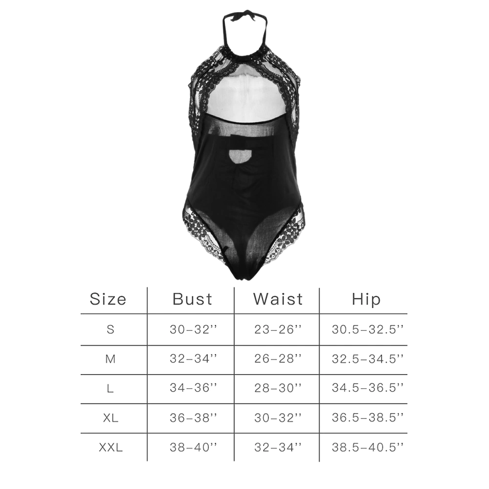 Women Lingerie Lace One Piece Halter Sheer Mesh Bodysuit Underwear (Black)