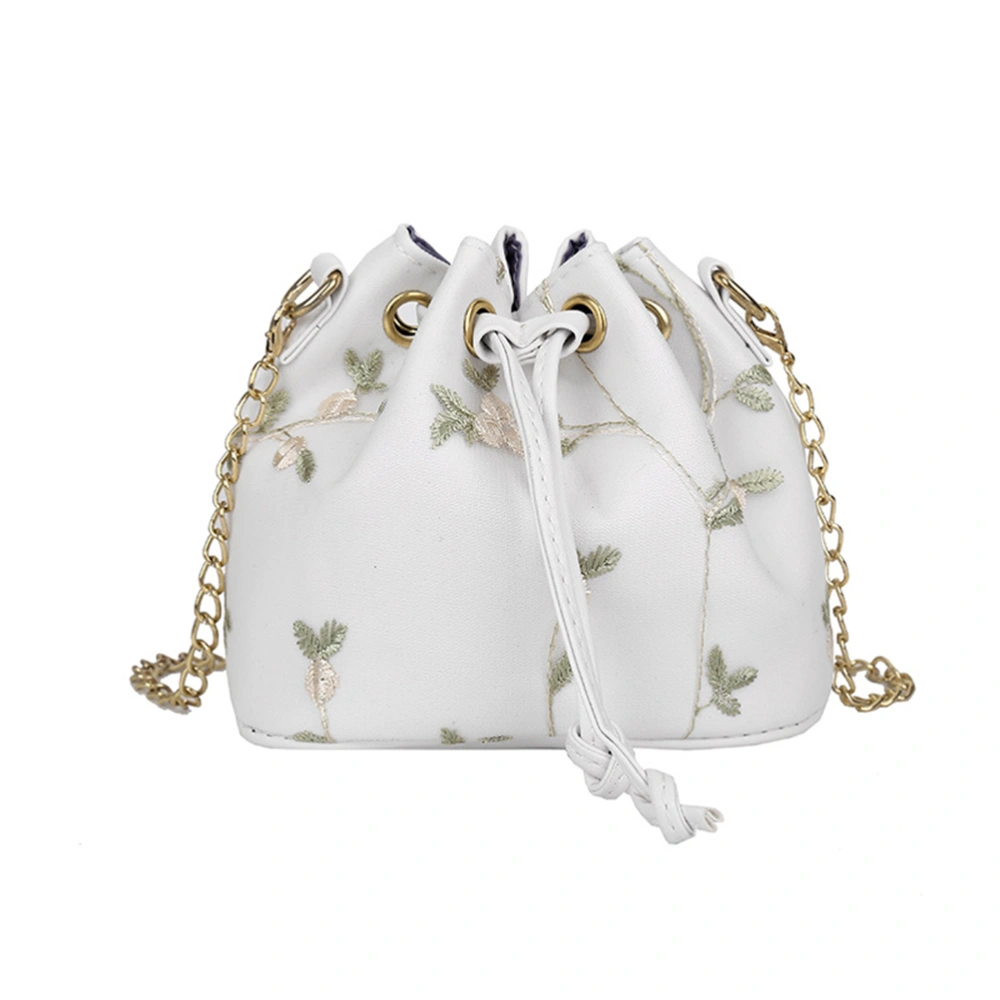 Fashion Flowers Lace Embroidery Drawstring Bucket Bag Shoulder Bag Purse (White)