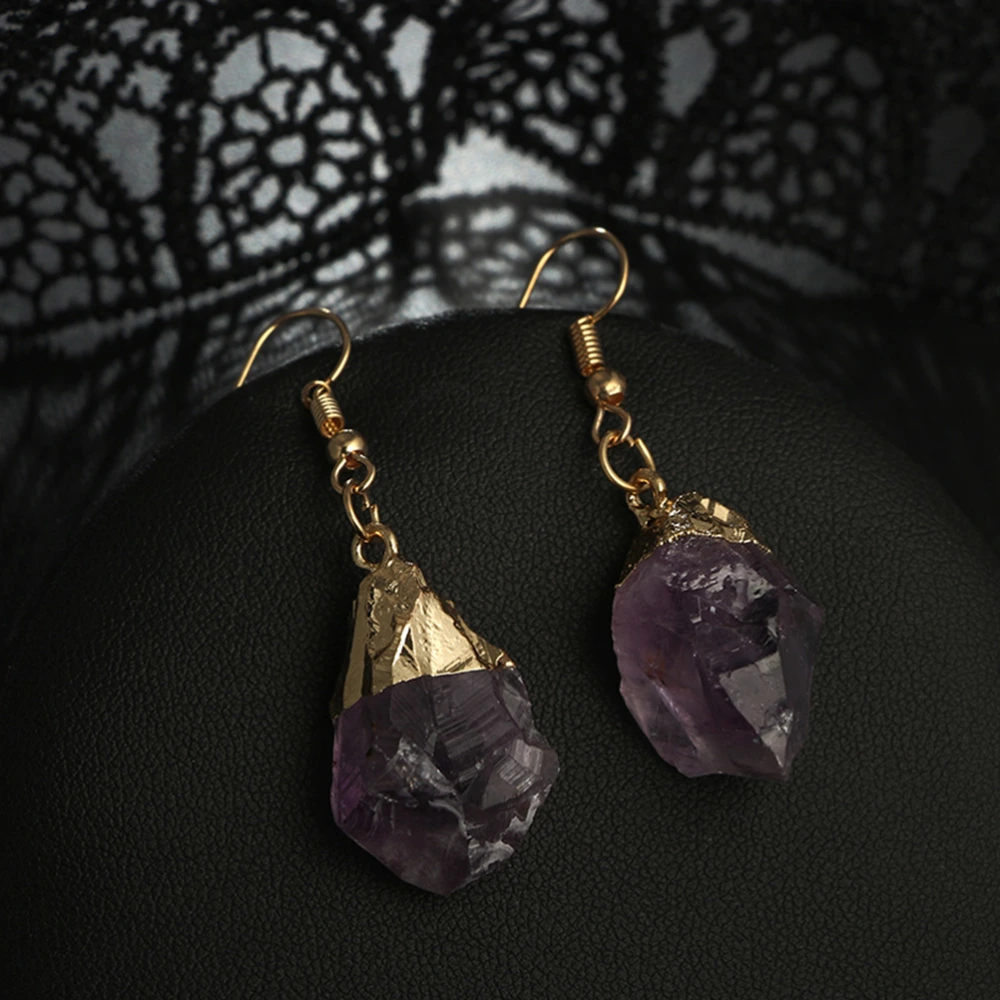 Purple Natural Stone Drop Dangle Earring Metal Pendant Earring Statement Jewelry