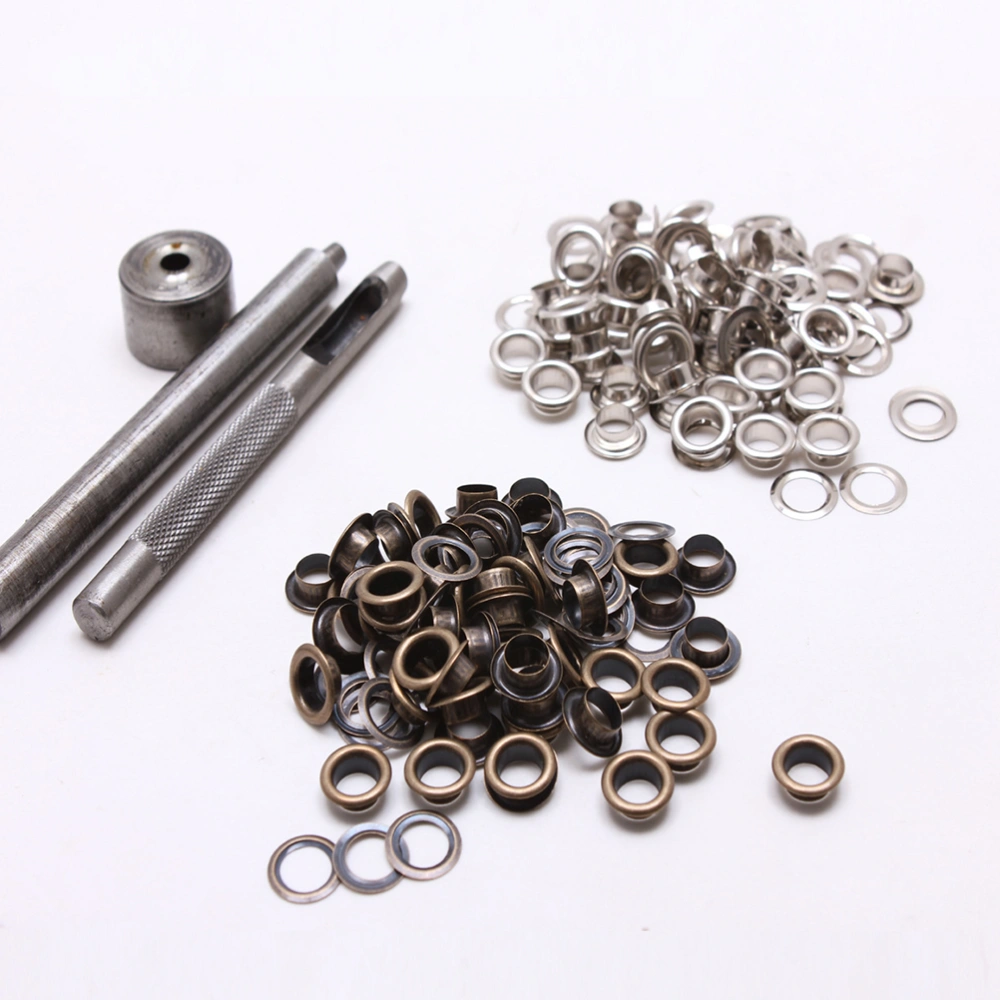 100 Set Grommets Kit Sturdy Brass Eyelets Button Kit with Tools Multipurpose Eyelets Button Set for Shoes Clothes Crafts Use (Antique Brass+Silver)Inner Diameter 4MM