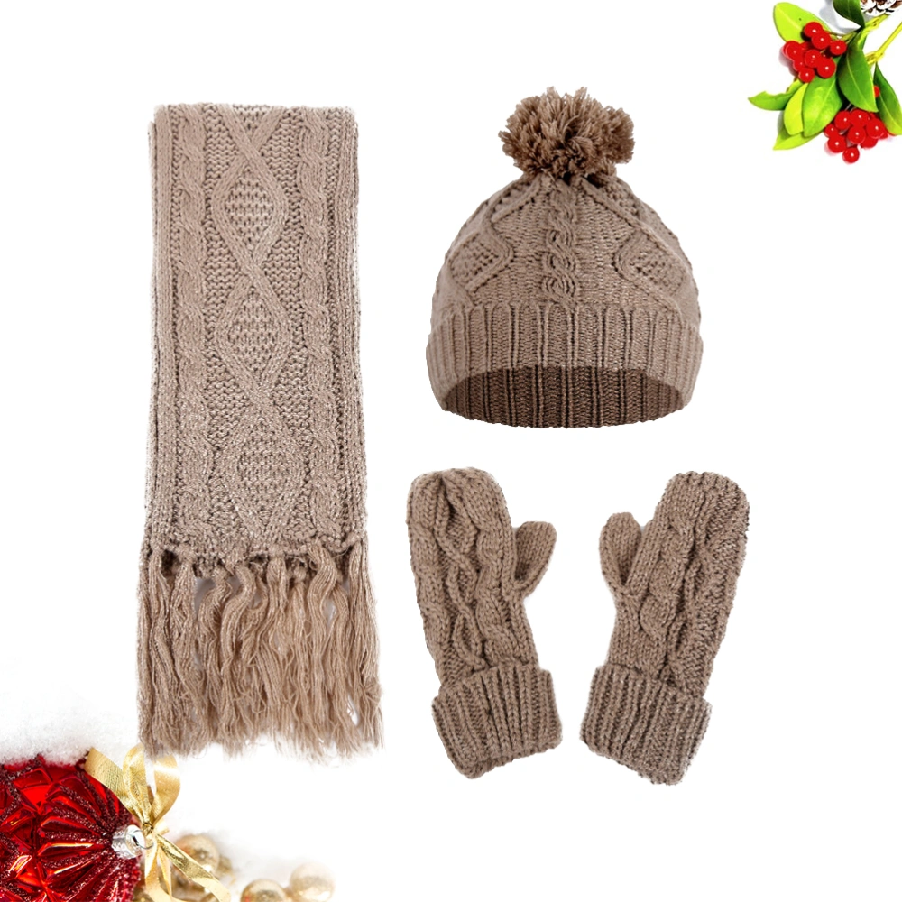 Winter Warm Knitted Scarf Beanie Hat and Gloves Set Women's Fried Dough Design Three-piece Set (Khaki)