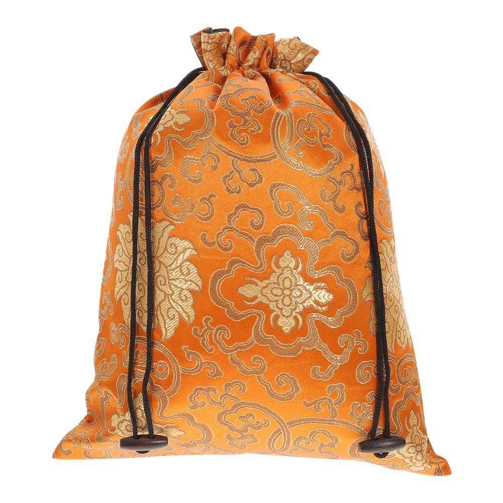 Silk Drawstring Bag Chinese Style Jewelry Pouch Storage Bag for Wedding Party (Orange, Random Pattern)