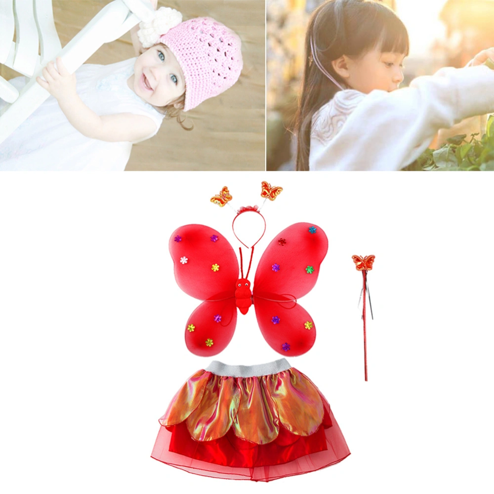 4pcs Children Performance Props Tutu Skirt Wing Hair Fairy Wand for Party Banquet (Red, L)