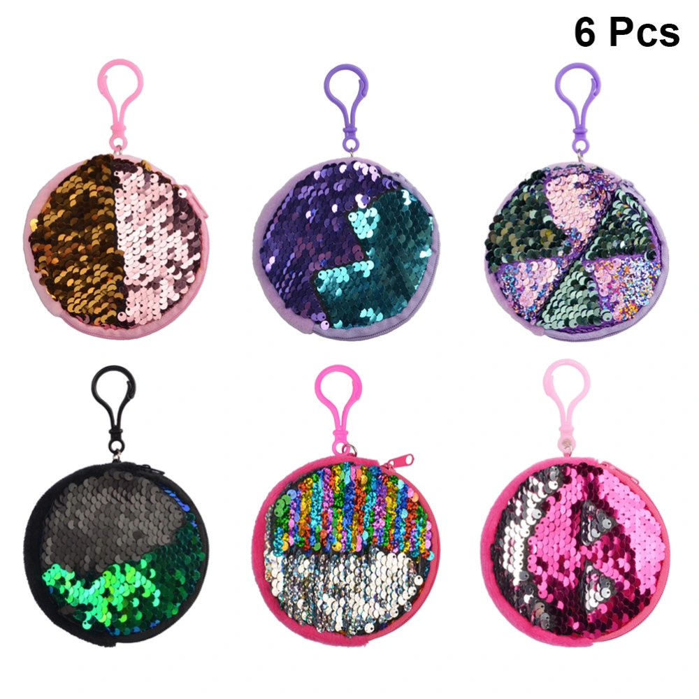 6pcs Sequins Coin Bag Fashion Shiny Change Purse Creative Money Bag Pocket Purse Keychain Decors for Kids Girls (Rosy Silver, Green Black, Colorful Silver, Blue Purple, Pink Gold, Purple Green)