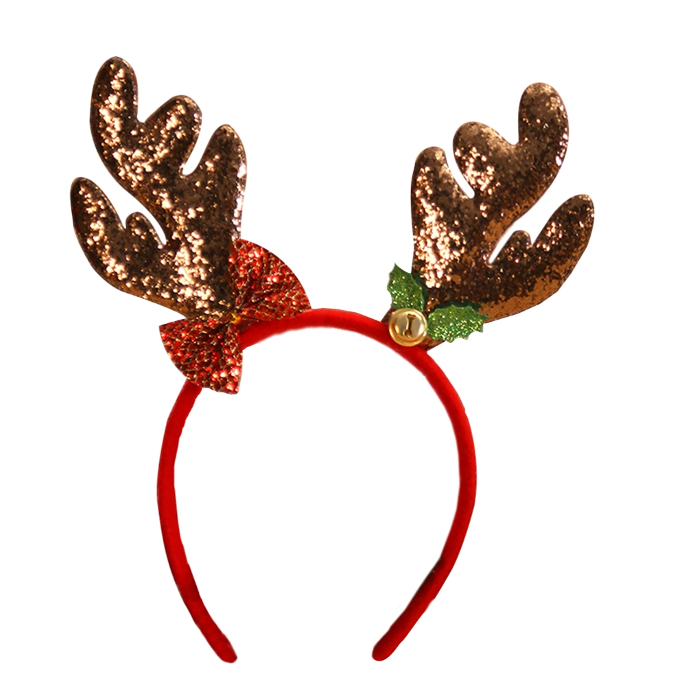 1PC Christmas Decorations Glitter Antlers Head Buckle with Bells Headband Hair Bands (Coffee)