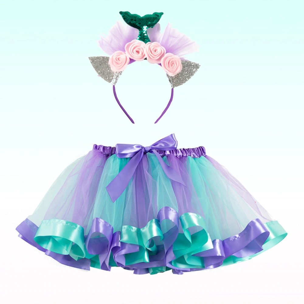 Tulle Tutu Skirt Mermaid Headband Beautiful Christmas Costume for Kids Girls (Size L)