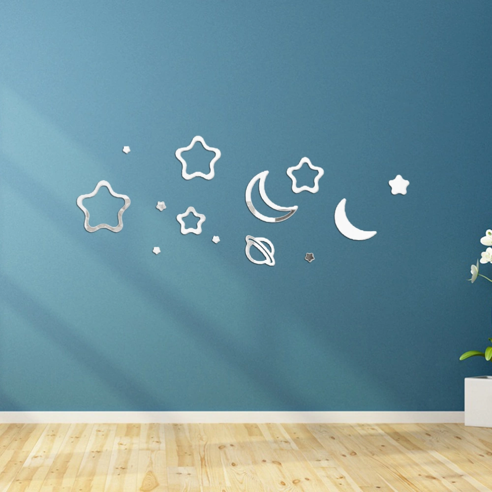 Acrylic Wall Sticker Planet Moon and Stars Mirror Like Stickers Eco-friendly Wall Decals for Home Decoration(Silver)