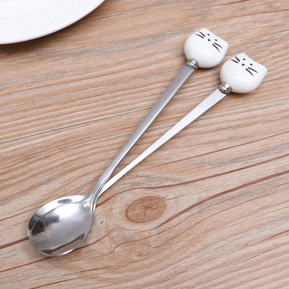 2 Pcs Ceramic and Stainless Steel Small Spoons Cartoon Kitty Coffee Milk Tea Stirring Spoon White Kitty