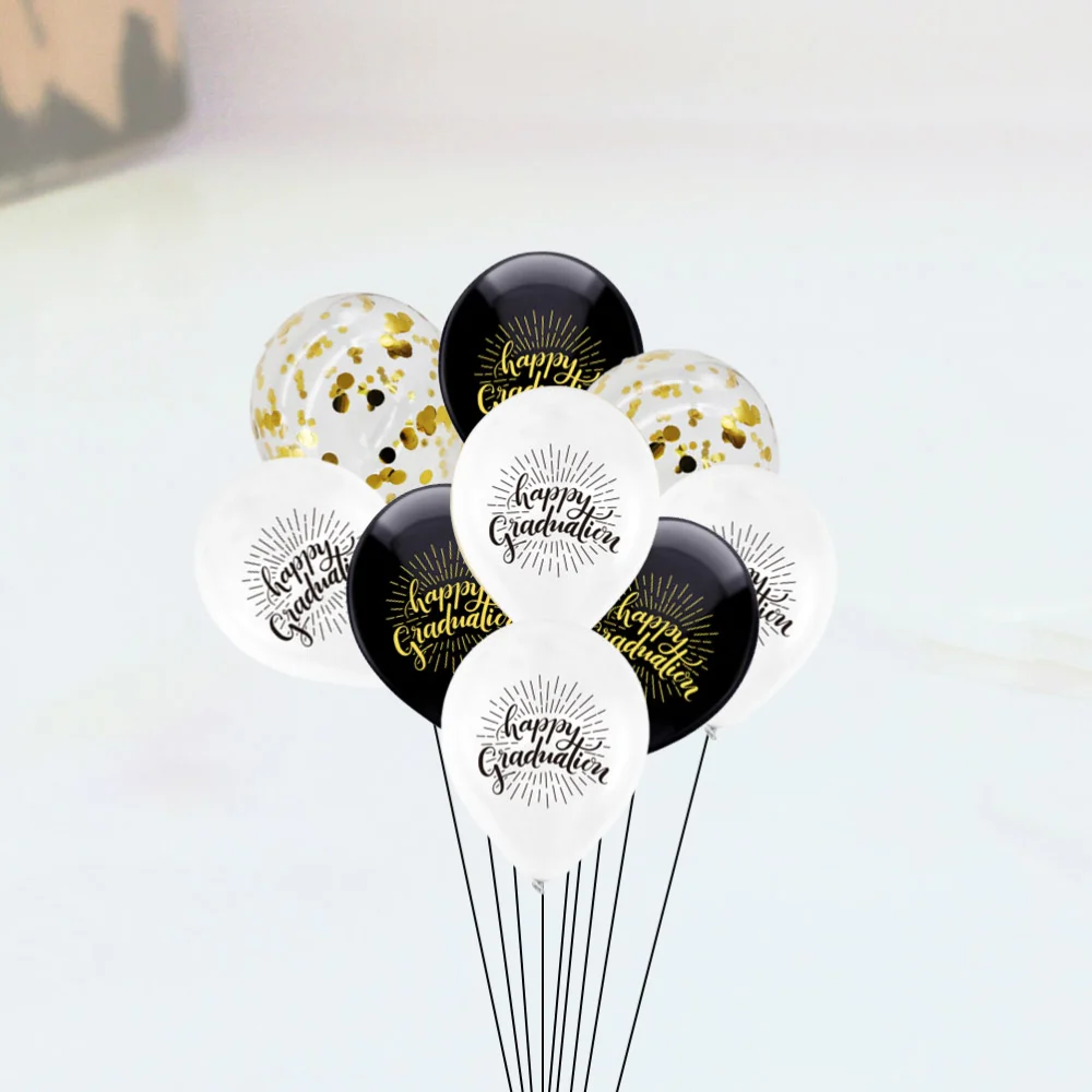 15pcs in 1 Set 12 Inches Graduation Theme Party Balloons Set Latex Printing Balloons Party Confetti Balloons Decorative Props Background Ornaments Party Supplies (5pcs Black and 5pcs White Printing Balloon, 5pcs Golden Confetti Balloon)