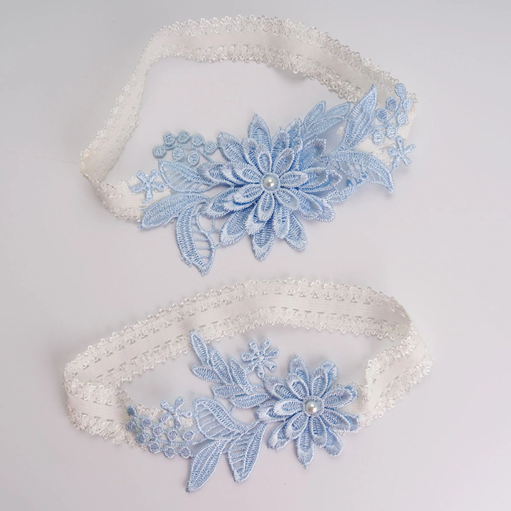 1 Pair Sky Blue Bridal Lace Garter Creative Flower with Pearl Pattern Thigh Ring Sexy Floral Leg Band Ornaments Accessary Photo Props for Wedding Party