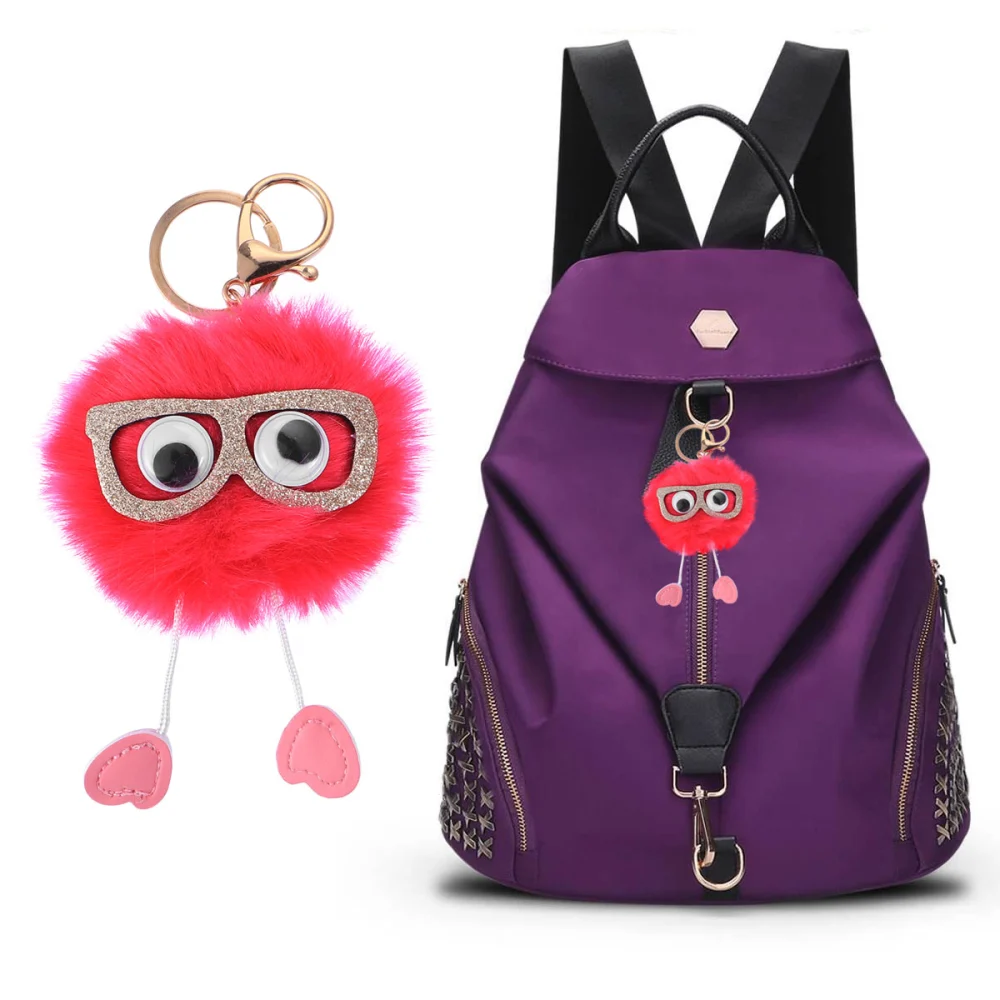 Glasses Hair Ball Pom Pom Fluffy Keychain Handbag Wallet Backpack Keychain Keyring Charm (Light Rosy)