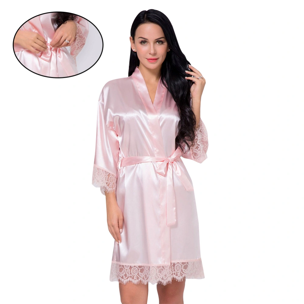 1pc Women Sexy Pajamas Lace Nightgown Silk Long Nightdress Ladies Robes for Summer - Size XXL(Light Pink)