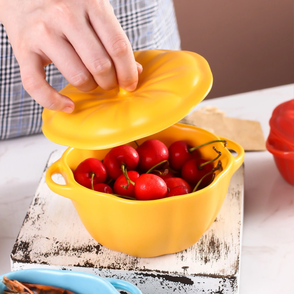 1Pc Pumpkin Shape Rice Bowl Double Handles Ceramic Soup Bowls with Lid