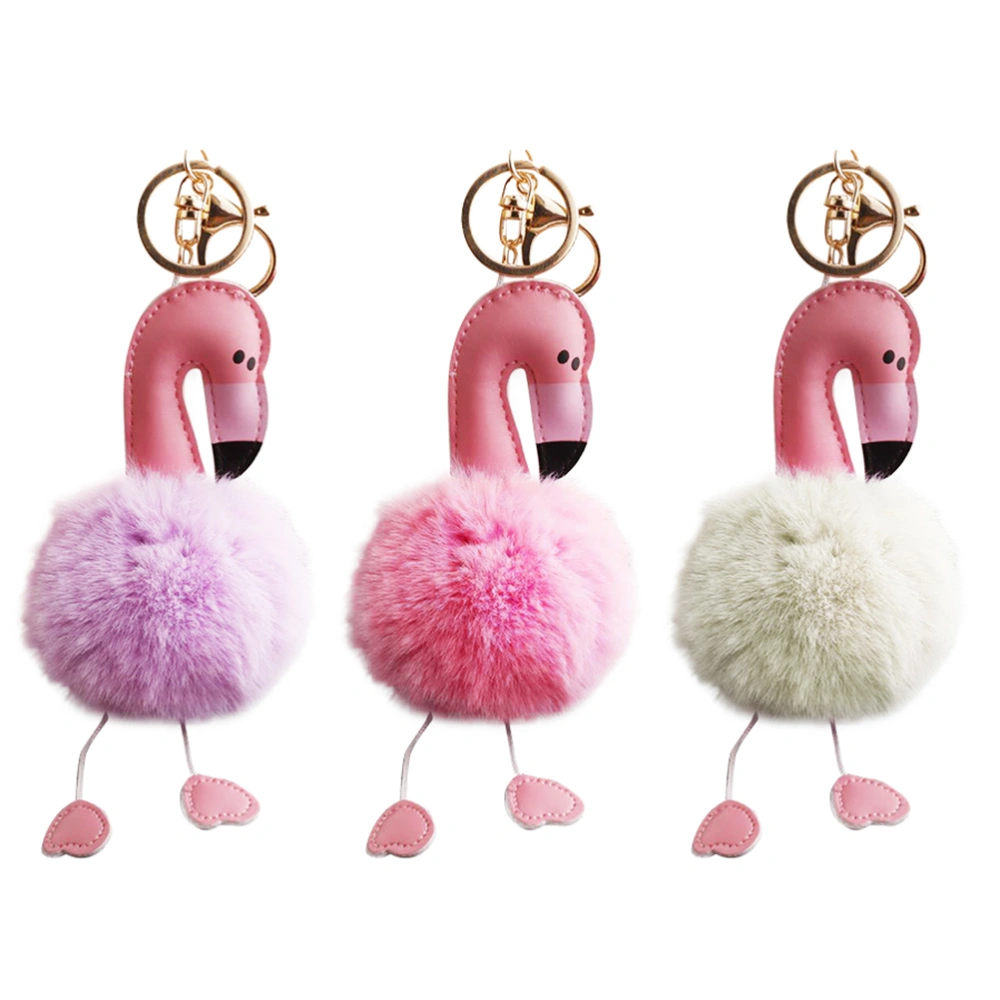 3 Pcs Fluffy Key Ring Plush Animal Flamingo Keychain Key Holder Hanging Decoration (White/Pink/Purple)