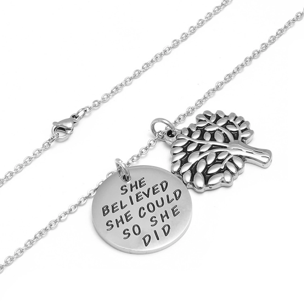 Tree of Life Pendant Necklace Mother's Day Jewelry Gift Engraved Words Round Pendant Charm Necklace (SHE BELIEVED SHE COULD SO SHE DID)