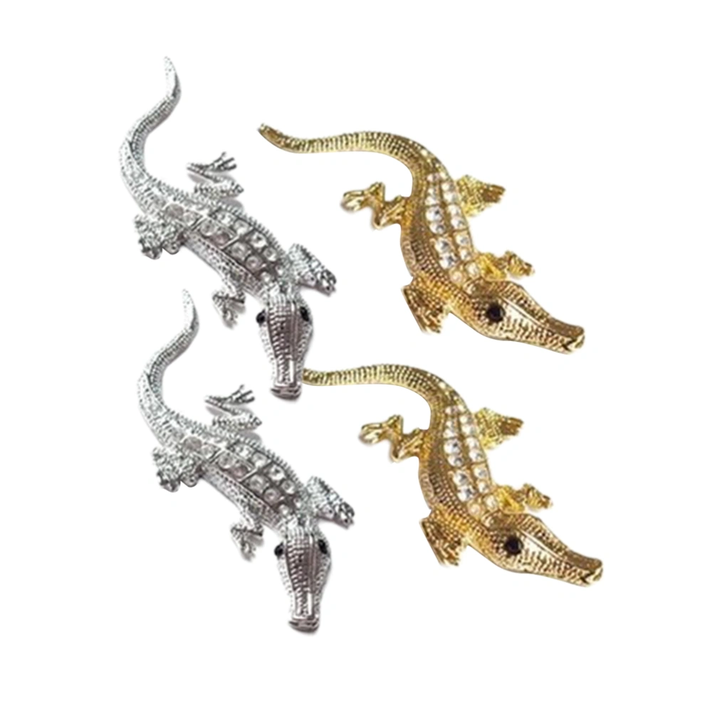 4Pcs Crocodile Shape Auto Logos 3D Car Stickers Car Metal Rhinestone Decorative Stickers (Gilden Silver for Each 2Pcs)