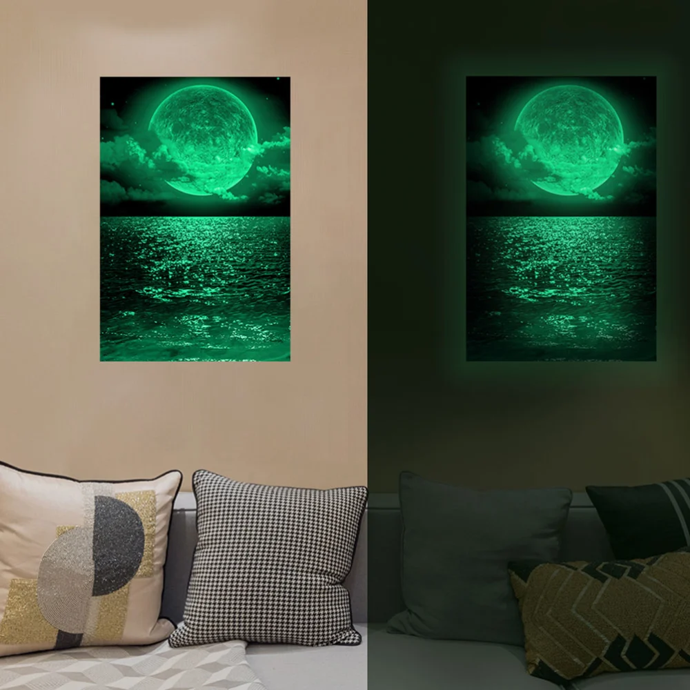 Large Size Moon Scenery Fluorescent Sticker Glow-in-the-Dark Wall Decals Removable Stickers Wall Decor for Living Room Bedroom Baby Room