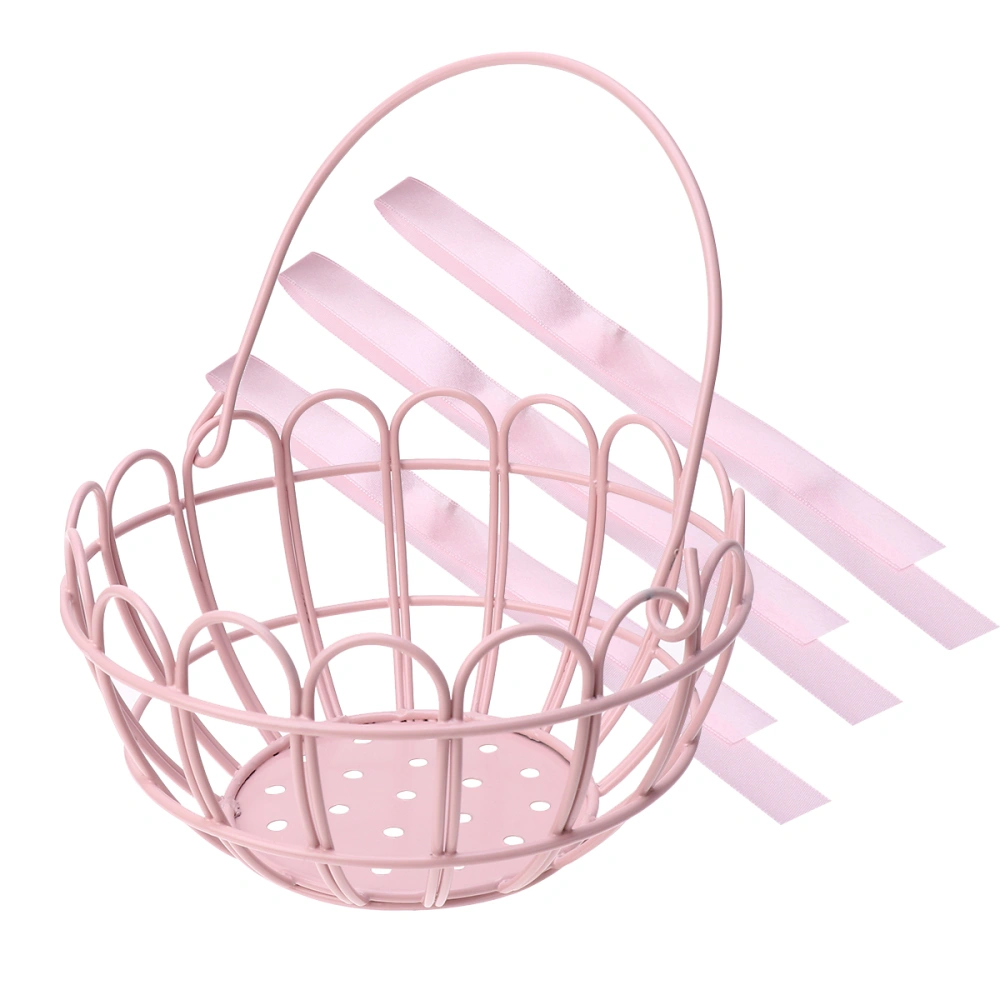 1PC Bowknot Flower Basket Lovely Pink Metal Round Storage Basket Toy Basket Container for Decoration Home Bedroom