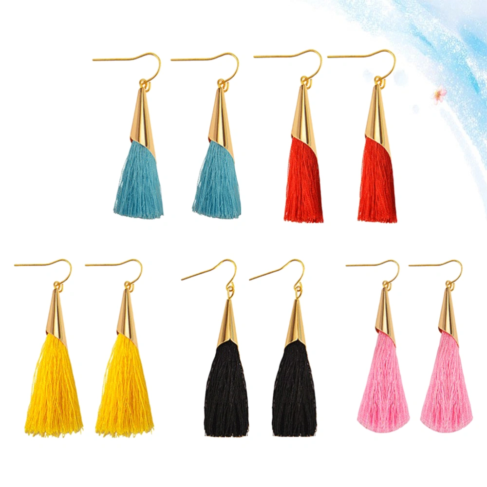 5 Pairs Fashion Handmade Earrings Stylish Long Tassel Ear Ring Bohemian National Style Ear Drop for Decoration ( Yellow, Black, Pink, Lake Blue, Red)