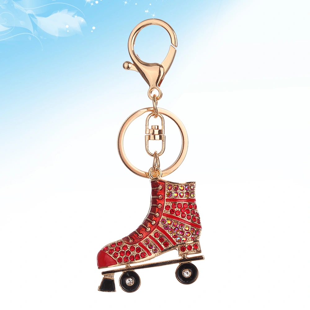 Creative Diamond-encrusted Alloy Key Ring Roller Skate Shaped Charm Keychain Bag Pendant Jewelry Accessories Car Decoration(Red)