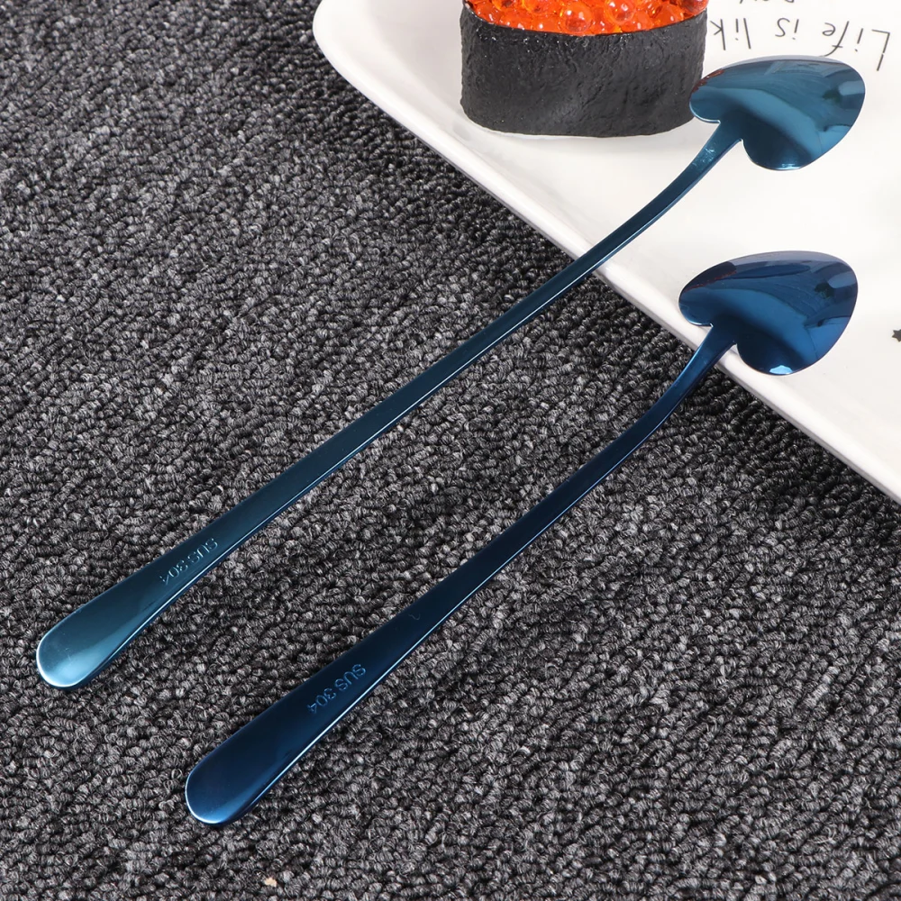 2pcs Stainless Steel Heart Shape Scoop Dessert Spoons Coffee Spoon Tableware for Ice Cream Cocktail Soup (Large Blue+Medium Blue)