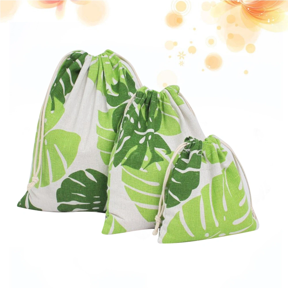 3pcs Cotton Drawstring Bag Monstera Printing Storage Bag for Candies Jewelry Sundries (Monstera Printing Pattern)