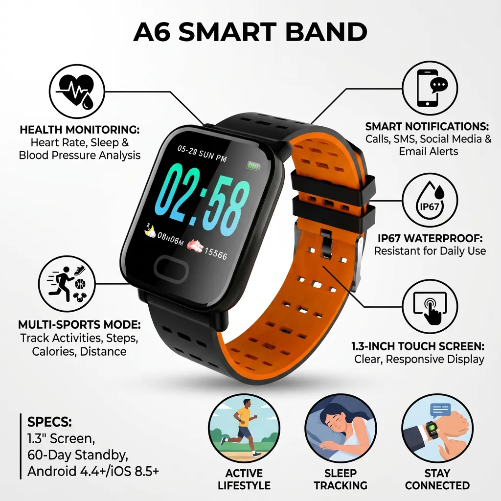 A6 1.3Inch Smart Band Heart Rate Sleep Monitor Watch Blood Pressure Smartwatch Color Screen Wristband Waterproof (Orange)