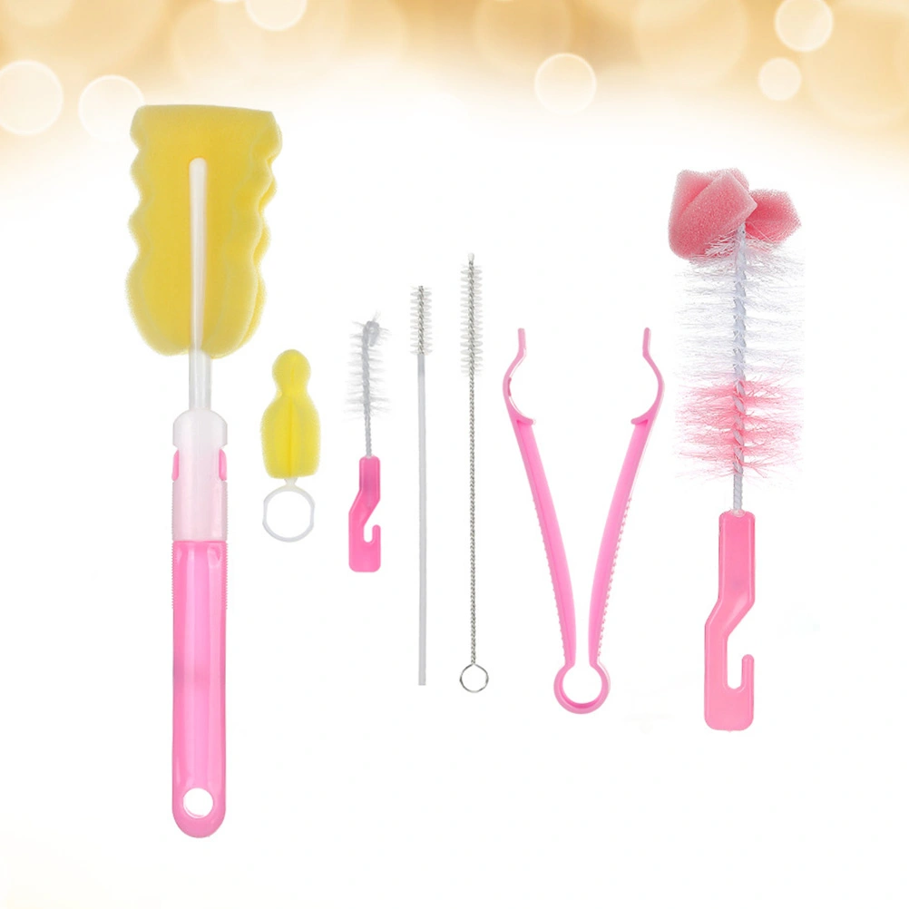 14pcs/2 Sets Nylon Baby Bottle Brushes Set Milk Bottle Cleaning Brush Sponge Washing Infant Pacifier Cleaner (Pink)