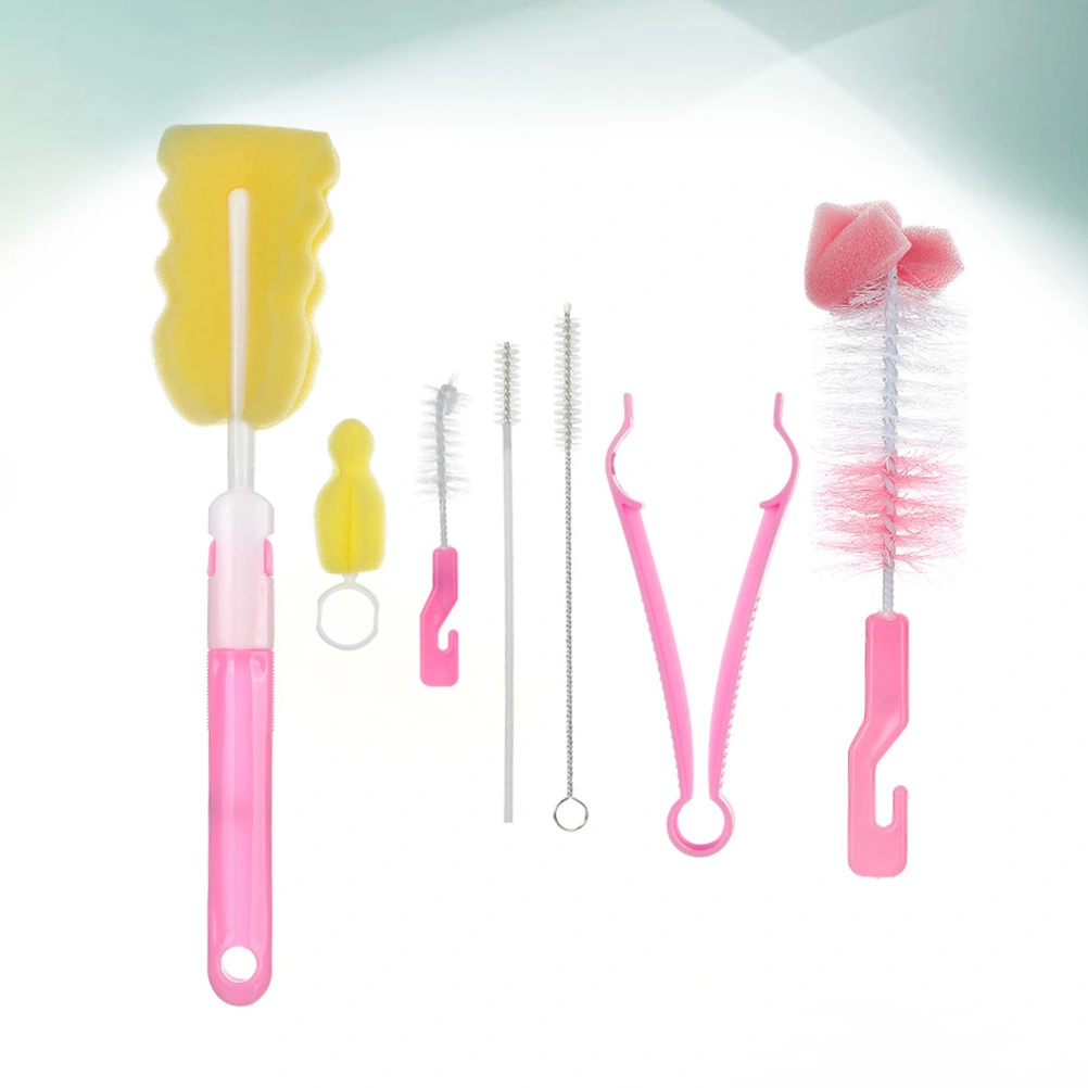 14pcs/2 Sets Nylon Baby Bottle Brushes Set Milk Bottle Cleaning Brush Sponge Washing Infant Pacifier Cleaner (Pink)