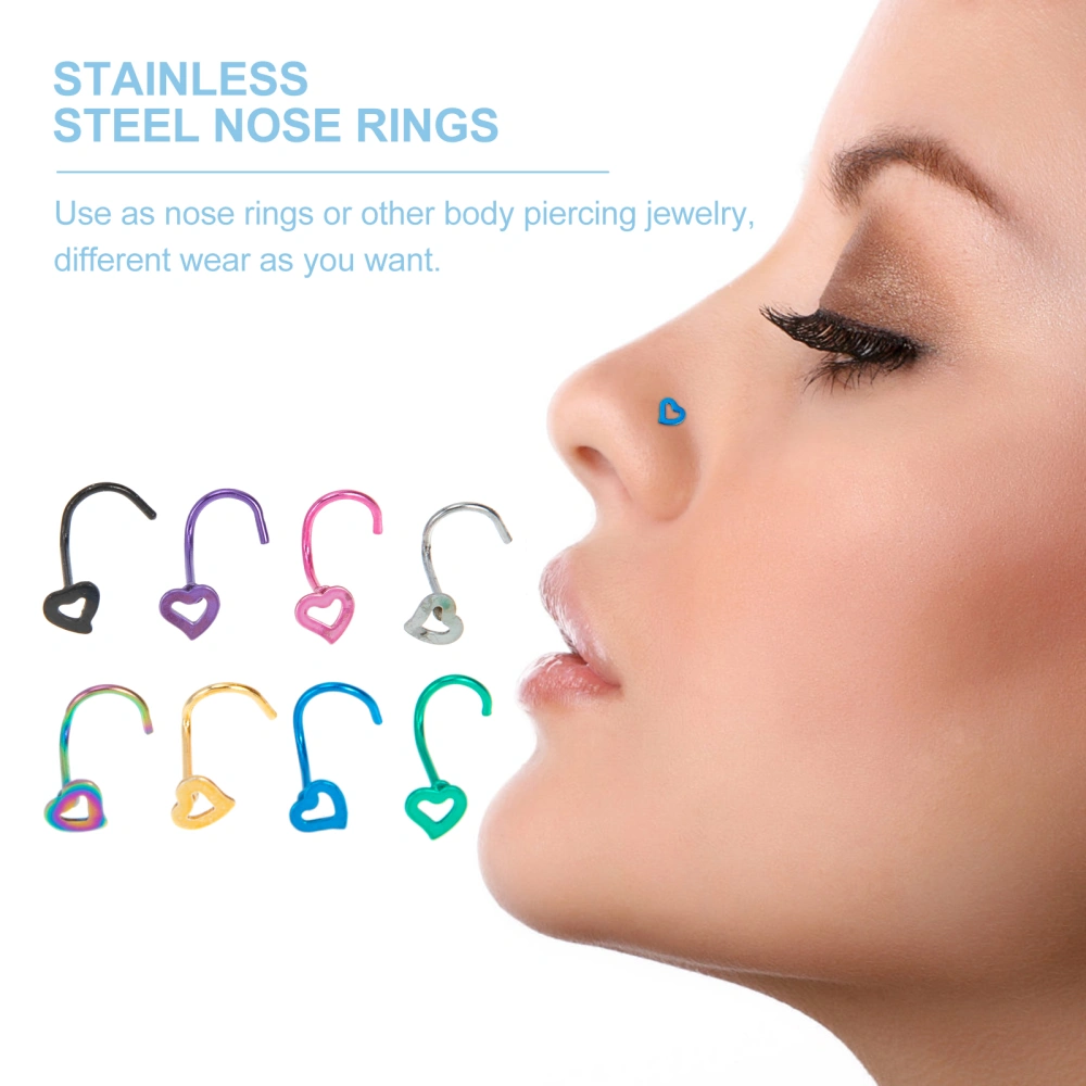 8pcs Stainless Steel Nose Stud Ring Heart L Shaped Nose Rings Studs Jewelry