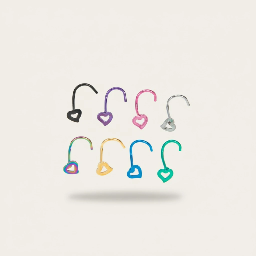 8pcs Stainless Steel Nose Stud Ring Heart L Shaped Nose Rings Studs Jewelry