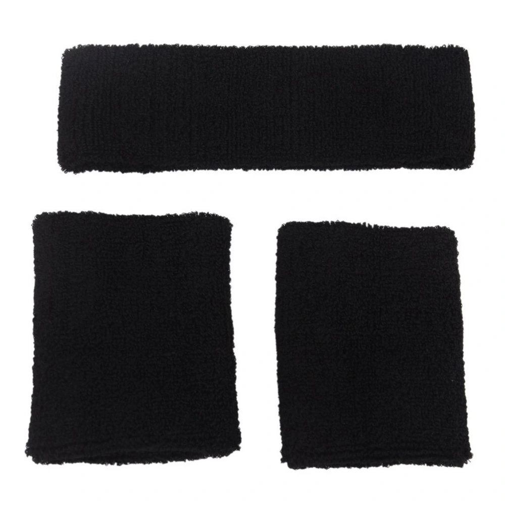 Sports Outdoor Elastic Cotton Wristband Bracelet Headband Set (Black)