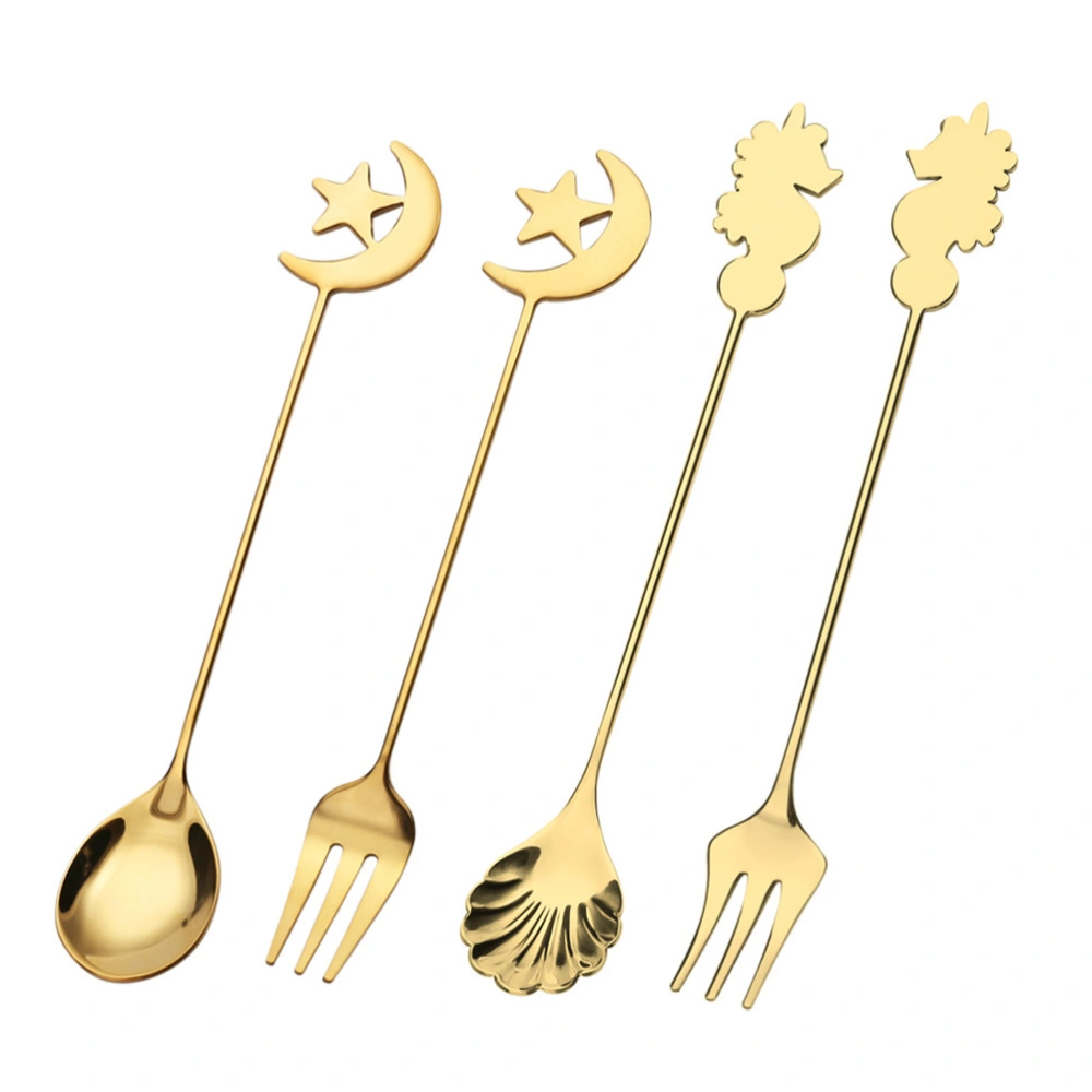 4pcs Exquisite Dessert Seahorse Spoons Creative Stainless Steel Moon Star Forks