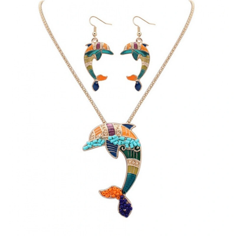 Dolphin Pendant Necklace Neck Chain with Dangling Earrings Set for Jewelry Decoration (Random Style)