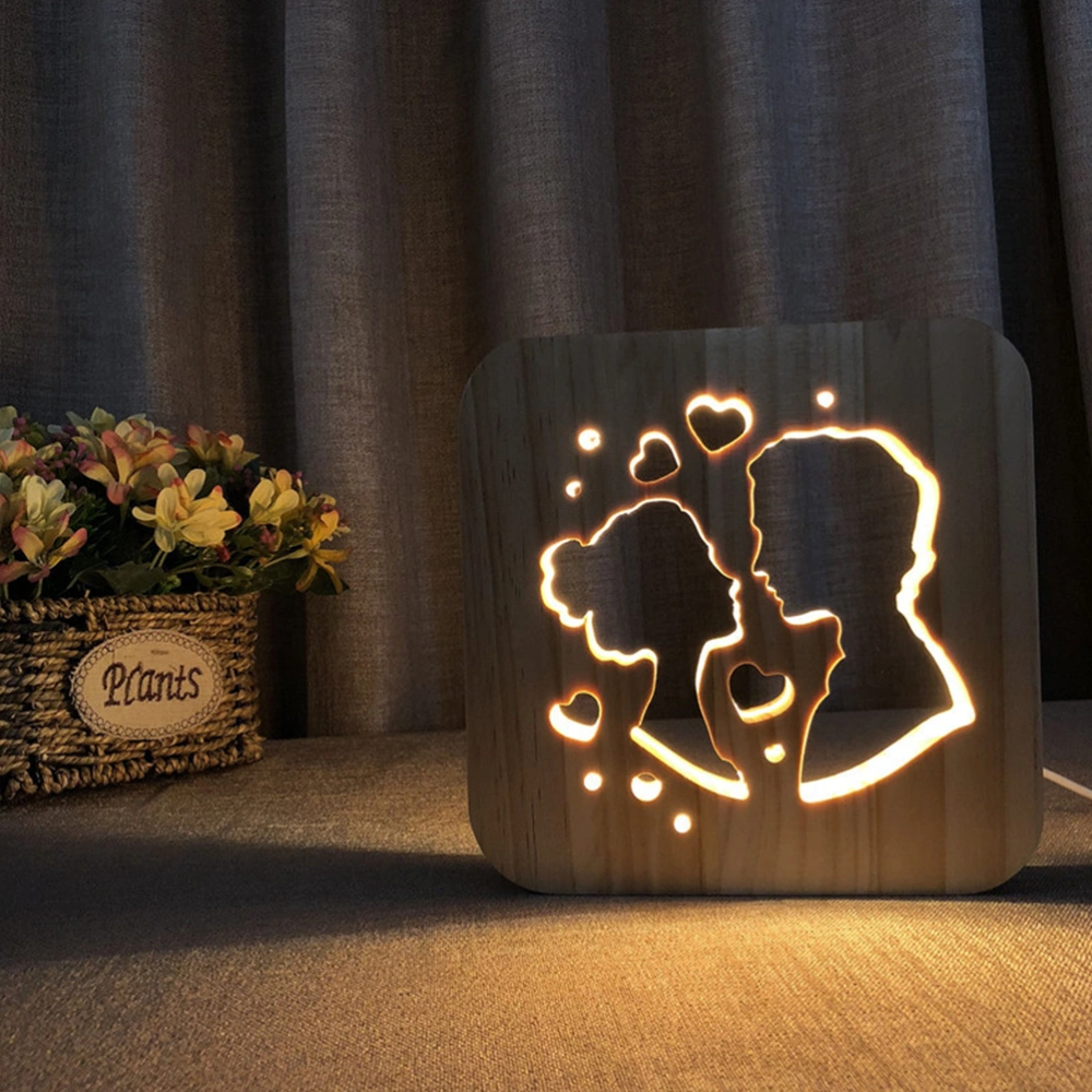 3D Couple Creative Wood Sculpture Hollow Light USB Night Lamp Art Decor for Bedroom Living Room (Warm White)