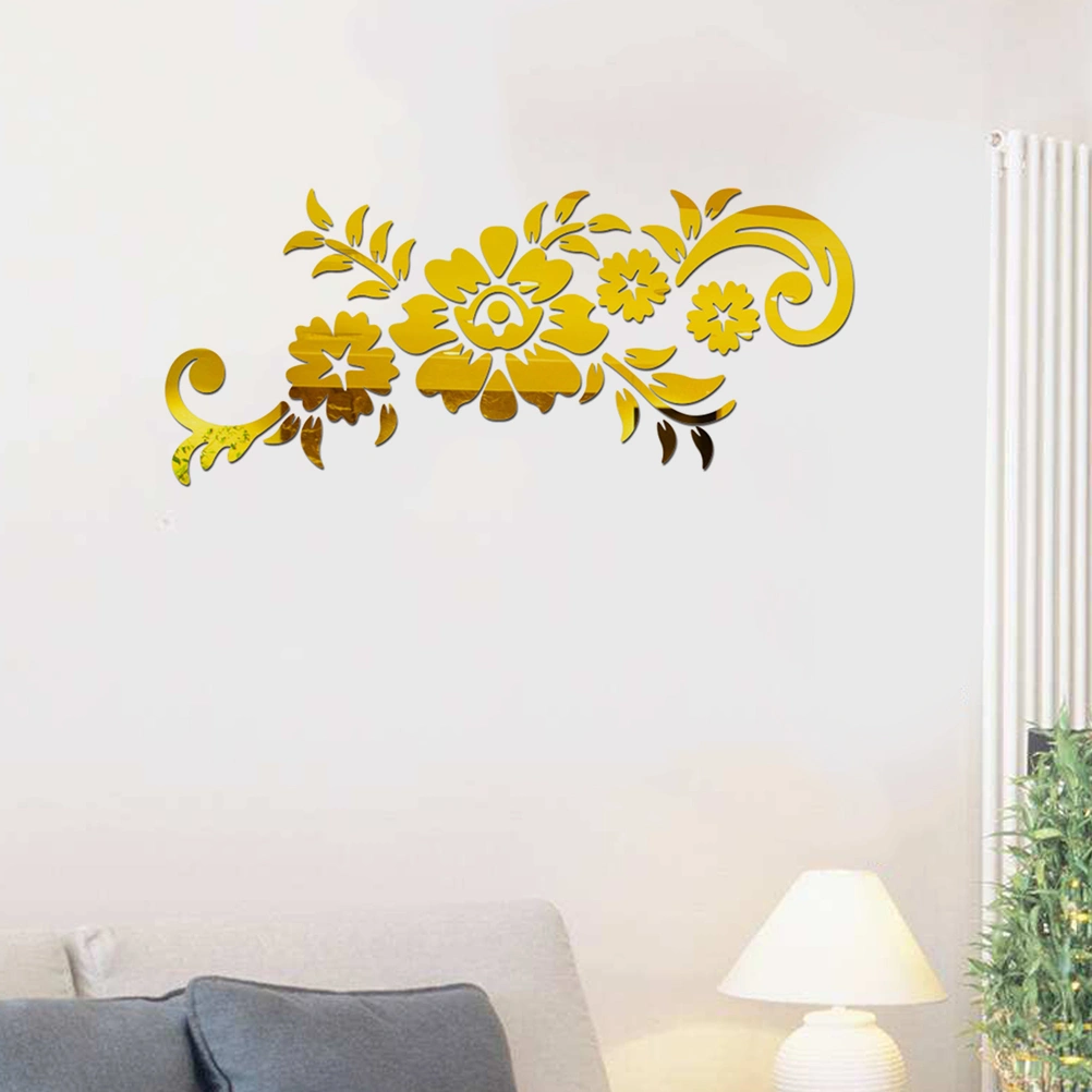 Flower Rattan Acrylic 3D Crystal Mirror Wall Sticker Home Porch Background Wall Sticker (Golden)