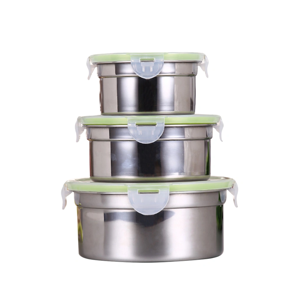 3pcs Stainless Steel Preservation Boxes Set Refrigerator Sealing Bowls Food Container for Kitchen (10cm+12cm+14cm)