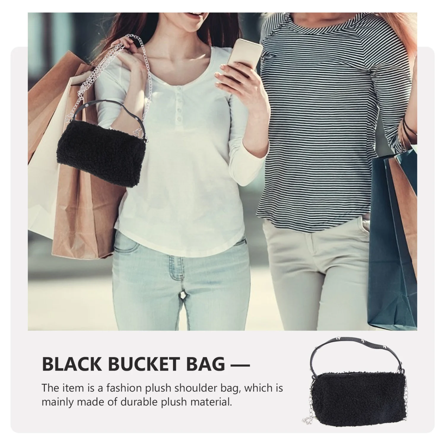 1Pc Fashion Plush Bucket Bag Stylish Rivet Portable Crossbody Bag Women Messenger Bag Handbag for Autumn Winter (Black)
