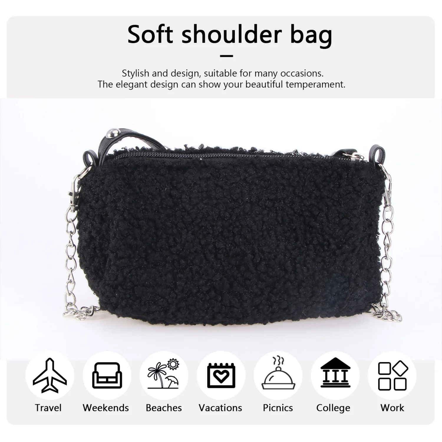1Pc Fashion Plush Bucket Bag Stylish Rivet Portable Crossbody Bag Women Messenger Bag Handbag for Autumn Winter (Black)
