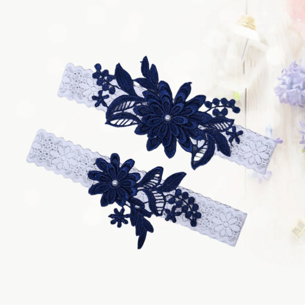 2pcs Lace Floral Suspenders Belt Stretch Pearl Inlaid Bridal Garter Belts Wedding Supplies (Navy Blue)