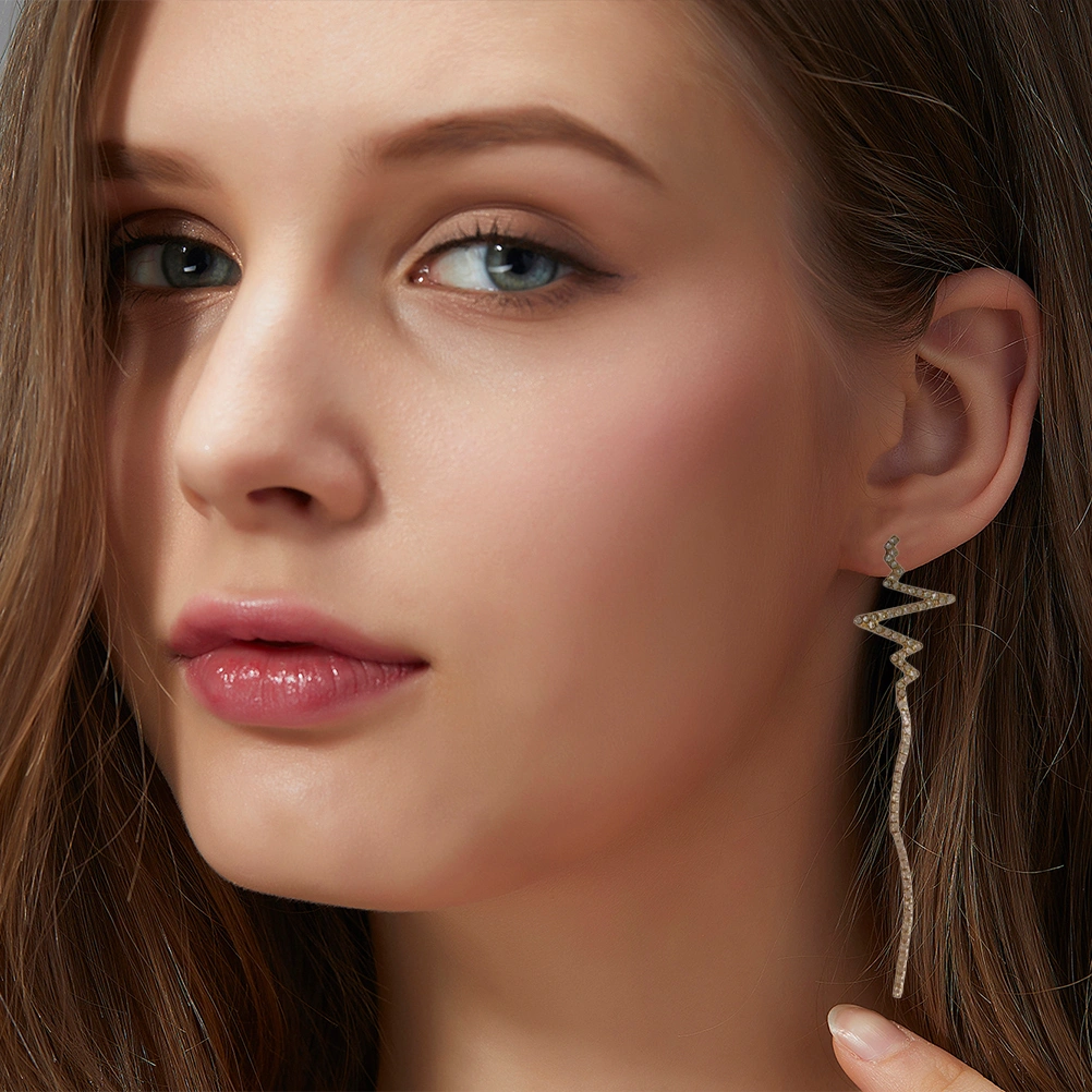 Loving Heart Ear Stud Silver Irregular Rhinestone Long Tassel Personality Decorative Earrings for Woman