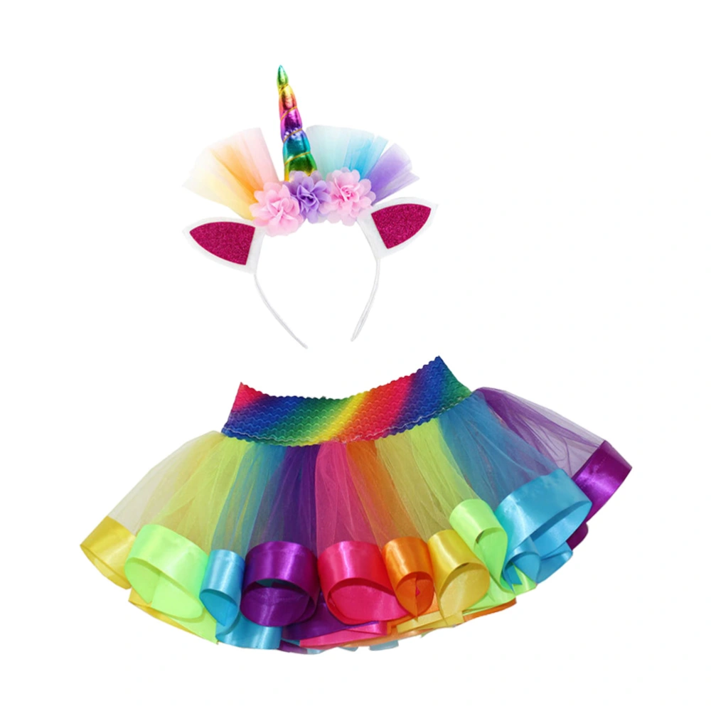 Colorful Rainbow Tulle Skirt and Hair Set Party Tutu Skirt Unicorn Headband Girls Short Dressing up Costume for Showing Stage Cosplay Parties(Suitable for 120cm High Girl)