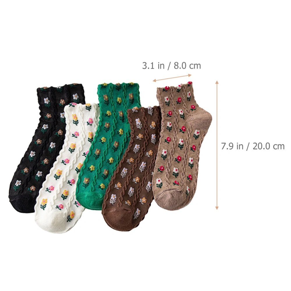 5 Pairs Girls Student Socks Teens Student Novelty Cotton Flower Socks Dress Socks