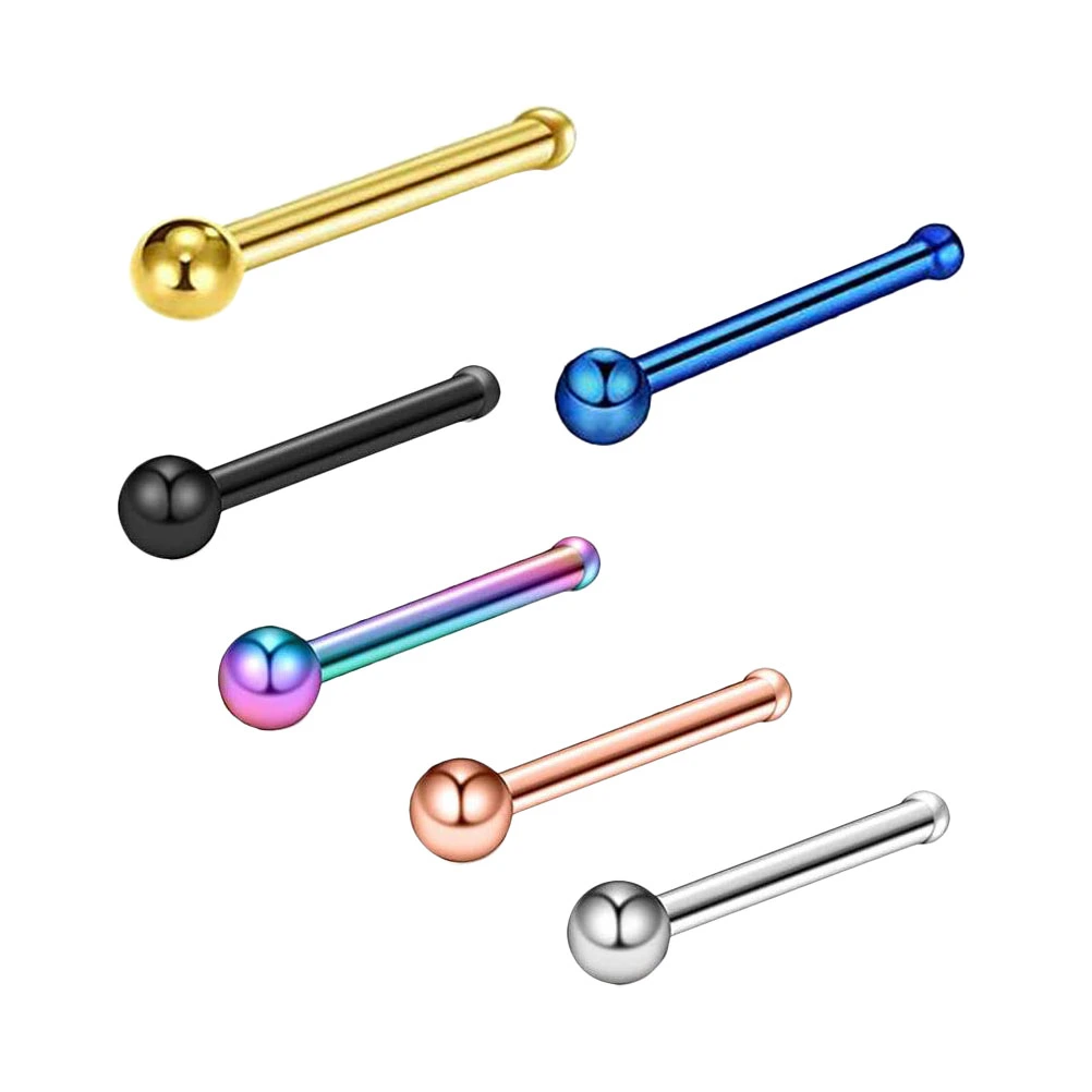 6PCS Straight Rod Nose Studs Fashion Nose Rings Simple Piercing Nose Studs Practical Nose Jewelry for Women Men Wearing (Silver+Black+Golden+Blue+Colorful+Rose Gold)