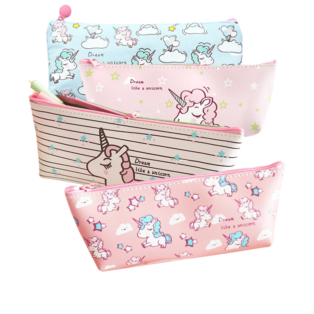 4pcs Unicorn Pencil Case Kawaii Stationery Pencil Box Pen Bags School Office Supplies (Blue + Striped + Pink + Multiple unicorns)